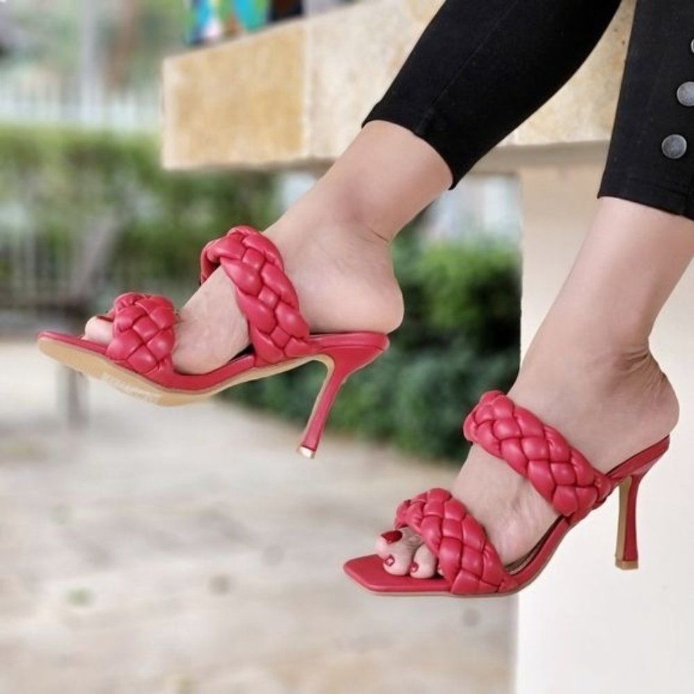 Women's Red Double Braided Square Toe Mule Sandal